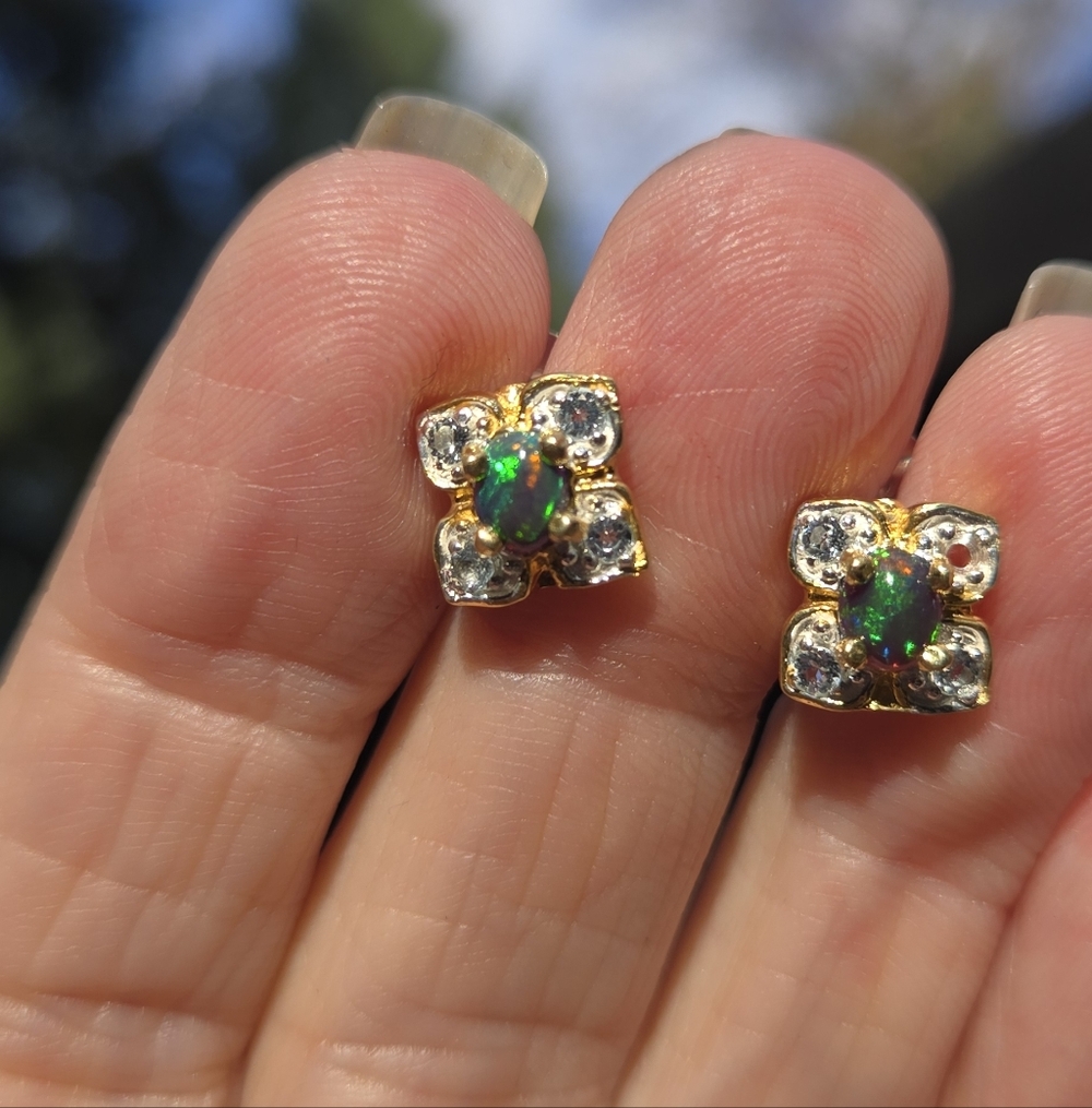 Black Opal & Topaz Natural Gemstone Sterling & Gold Earrings - Picture 6 of 10